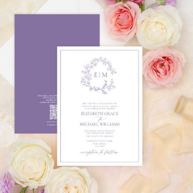 QR Code Formal Lavender Leafy Crest Monogram Invitation (Creator Uploaded)