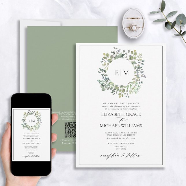 QR Code Formal Sage Green Eucalyptus Monogram Invitation (Creator Uploaded)