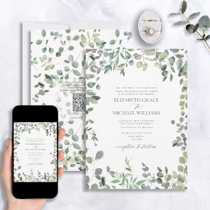 QR Code Formal Sage Green Eucalyptus Watercolor Invitation