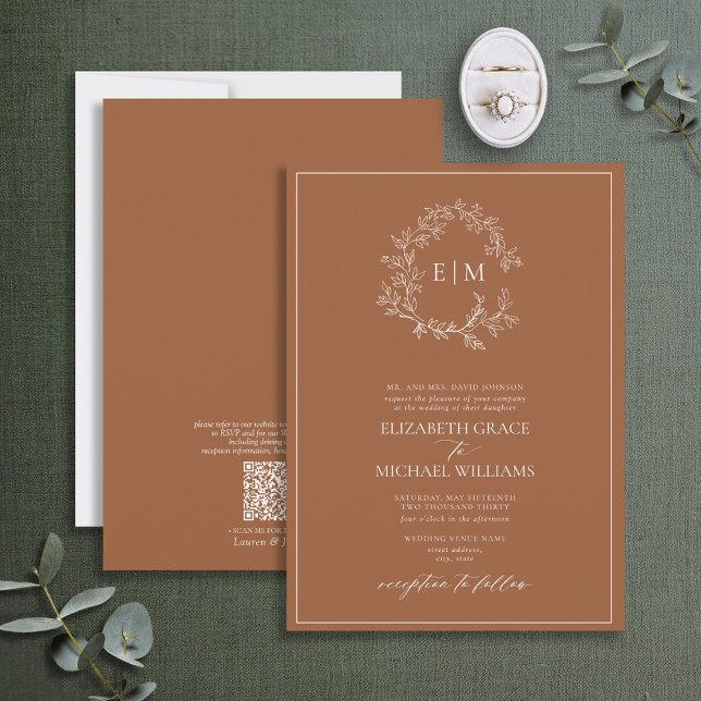 QR Code Formal Terracotta Leafy Crest Monogram Invitation (Creator Uploaded)