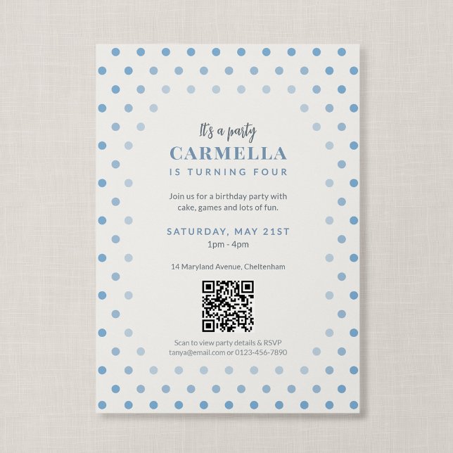 QR Code French Blue Polka Dot Birthday Invitation (Blue Polka Dot - QR Code Birthday Invitation)