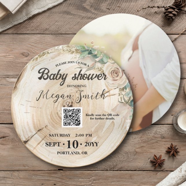 QR Code Gender Neutral Wood Unique Baby Shower Save The Date (Creator Uploaded)