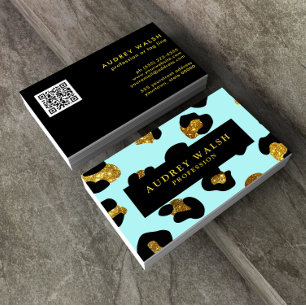 QR CODE Glam Glitter Gold Aqua Leopard print Luxe Business Card
