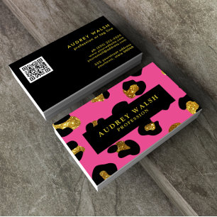 QR CODE Glam Glitter Gold Fuchsia Leopard print Business Card