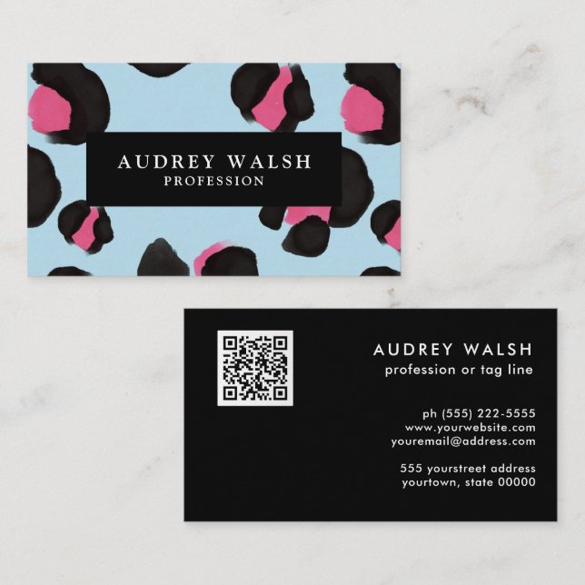 QR CODE Glam Pink Black Light Blue Leopard print  Business Card (Front/Back)