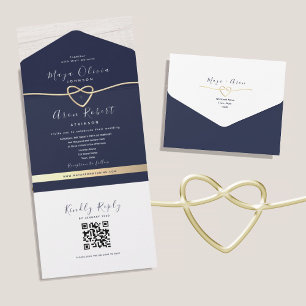QR Code Gold and Navy Blue Wedding All In One Invitation