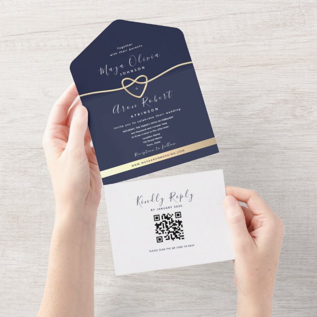 QR Code Gold and Navy Blue Wedding All In One Invitation (Tearaway)
