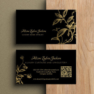QR code gold black elegant vintage botanical Business Card