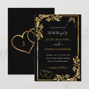 QR Code Gold Black Hearts Wedding Invitation