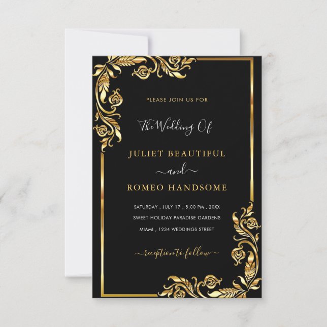 QR Code Gold Black Wedding Invitations Template (Front)