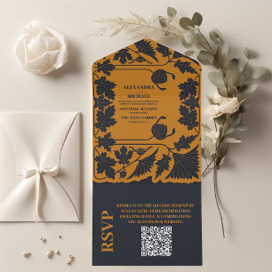 QR Code Gold Blue Art Nouveau Wedding All In One Invitation