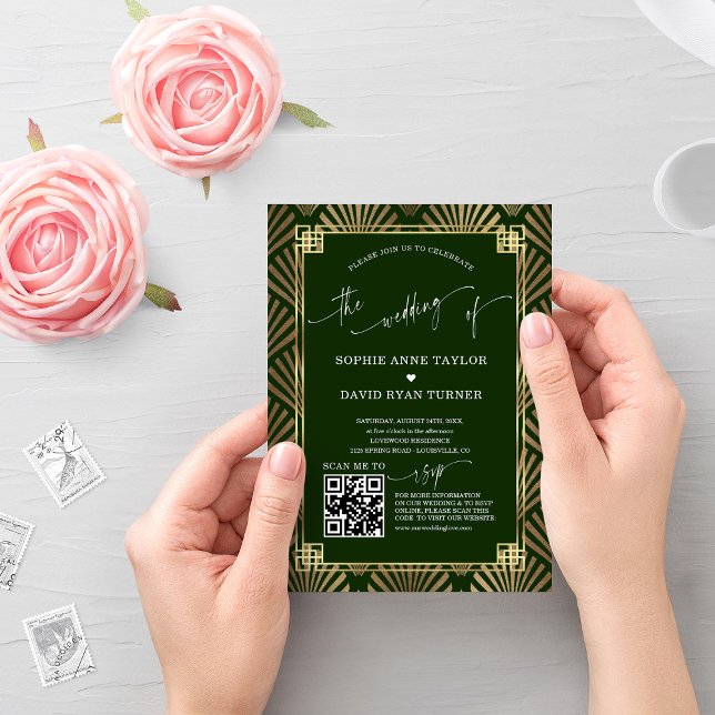 QR Code Gold Dark Green Art Deco Wedding  Invitation (Creator Uploaded)