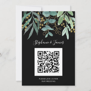 QR Code Gold Eucalyptus Faire-part de mariage noir