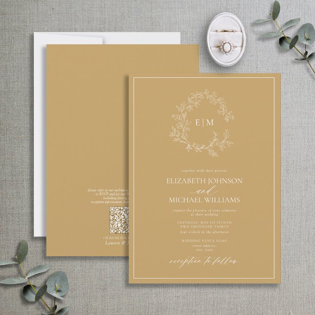 QR Code Gold Leafy Crest Monogram Wedding Invitation (Creator Uploaded)