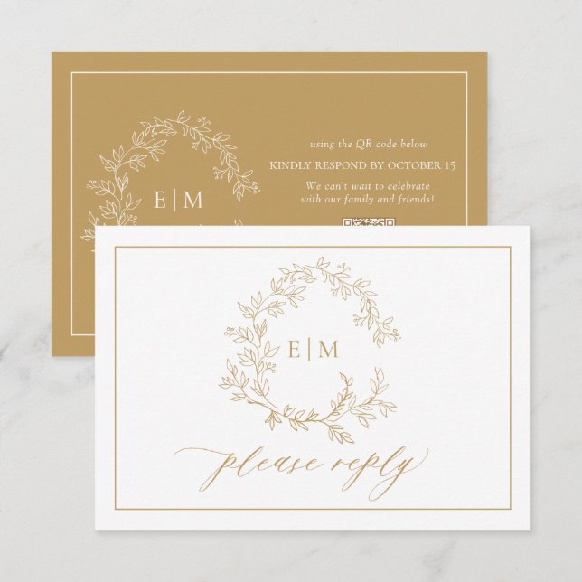 QR Code Gold Leafy Crest Monogram Wedding RSVP Card (Front/Back)