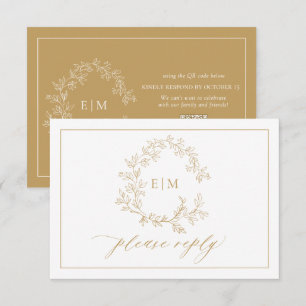 QR Code Gold Leafy Crest Monogram Wedding RSVP Card