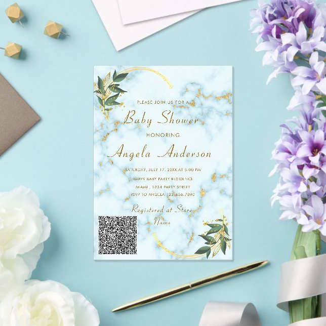 QR Code Gold Marble Acrylic Baby Shower Invitation (Insitu (Wedding))