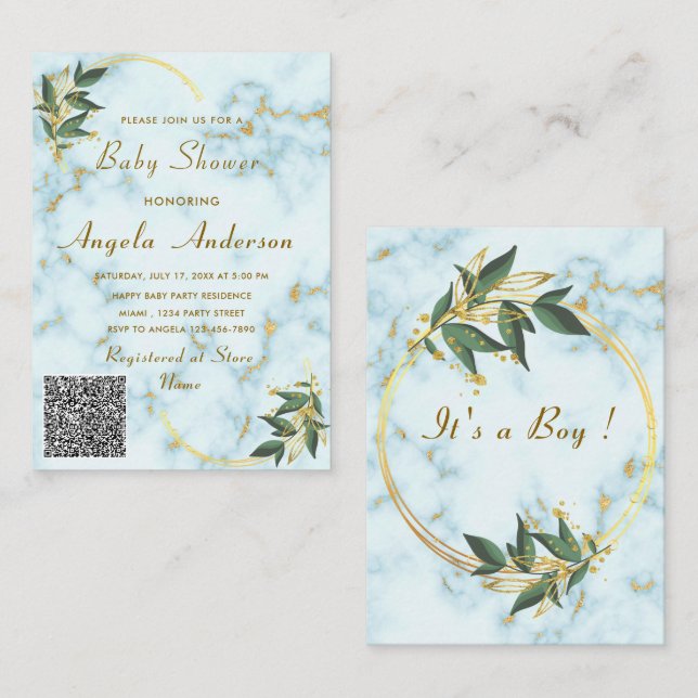 QR Code Gold Marble Baby Boy Shower Invitations (Front/Back)