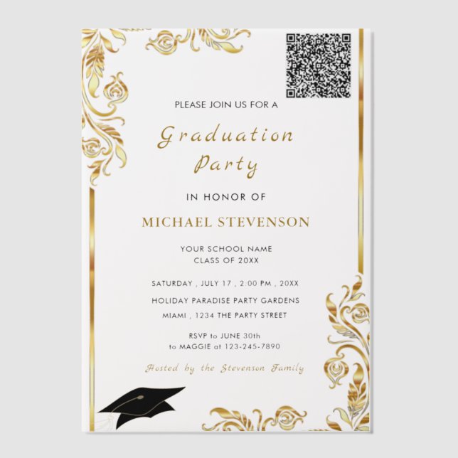 QR Code Gold Vellum Graduation Invitation Template (Front)