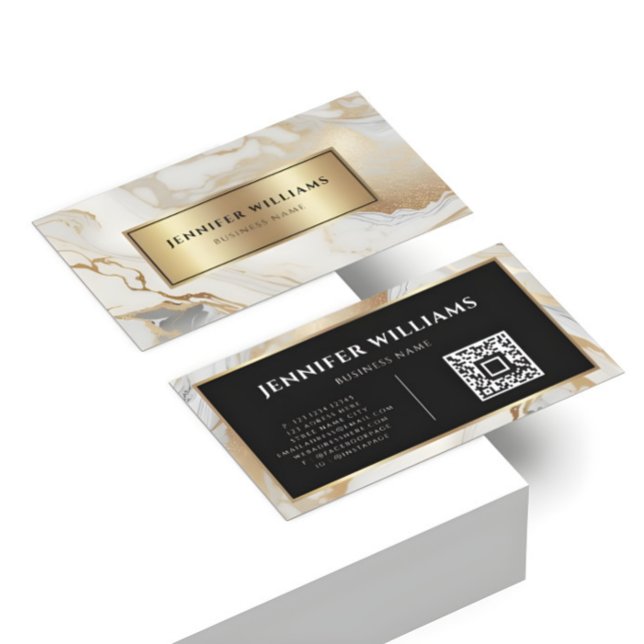 QR Code Gold White Marble Elegant Modern Business Card (Creator Uploaded)