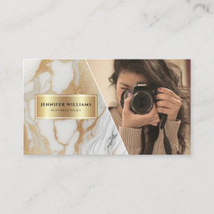 QR Code Gold White Marble Photographer Modern Business Card