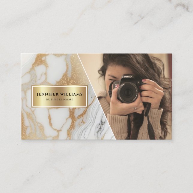 QR Code Gold White Marble Photographer Modern Business Card (Front)