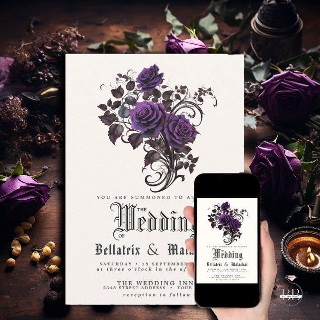 QR Code Gothic Deep Amethyst Purple Roses Invitation (Creator Uploaded)