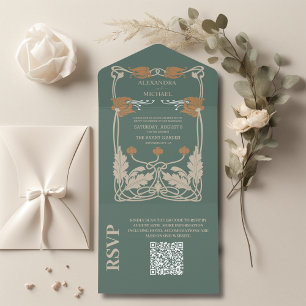 QR Code Green Art Nouveau Wedding All In One Invitation