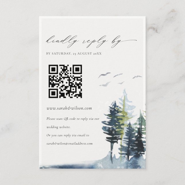 QR Code Green Blue Pine Forest Birds Wedding RSVP Enclosure Card (Front)