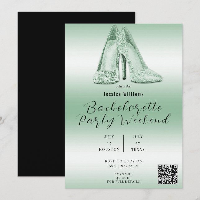 QR CODE Green Glitter Shoes Bachelorette Invitation (Front/Back)
