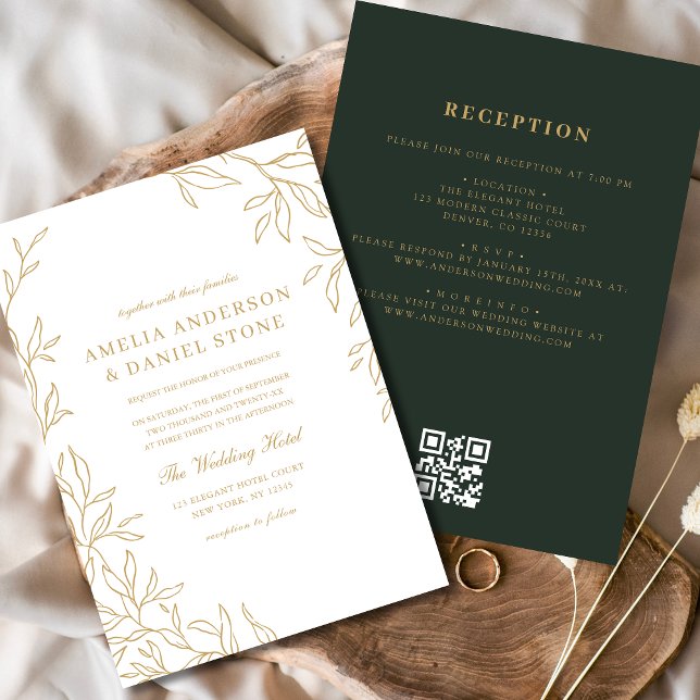 QR Code Green Gold Minimal Leaf Wedding  Invitation (Creator Uploaded)