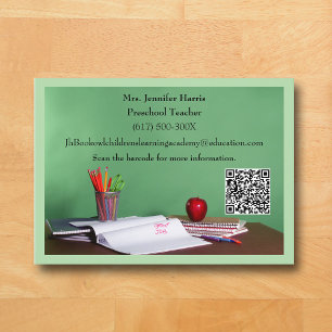 QR Code Green Grade School Preschool Teacher  Business Card