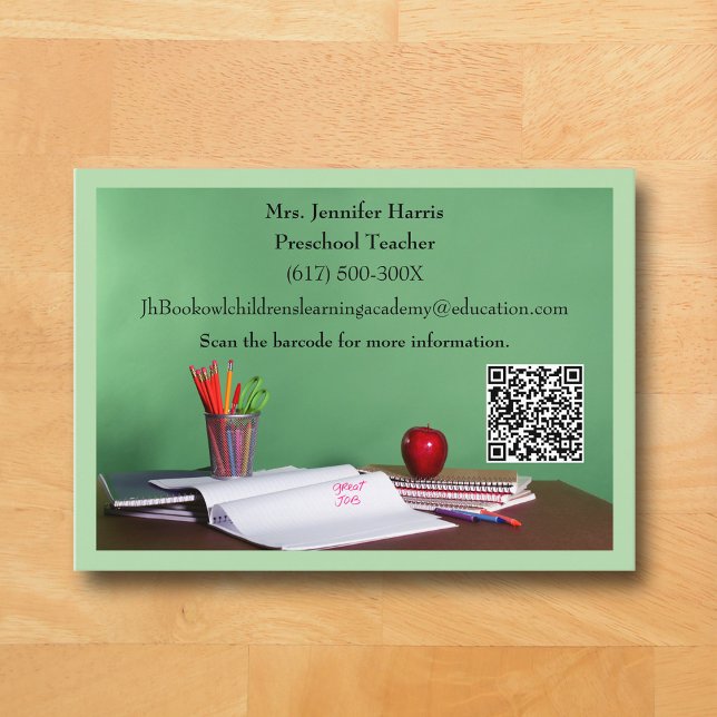 QR Code Green Grade School Preschool Teacher  Business Card (Green Business Card for Teacher )
