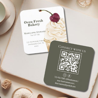 QR Code Green White Cupcake Bakery Square Business Card