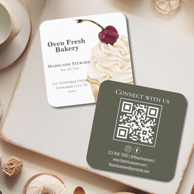 QR Code Green White Cupcake Bakery Square Business Card (Creator Uploaded)
