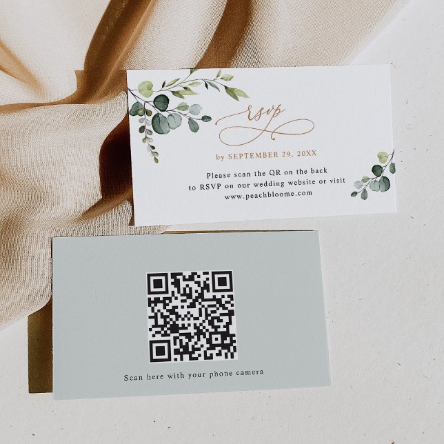 QR Code Greenery Gold Wedding RSVP Cards (Creator Uploaded)