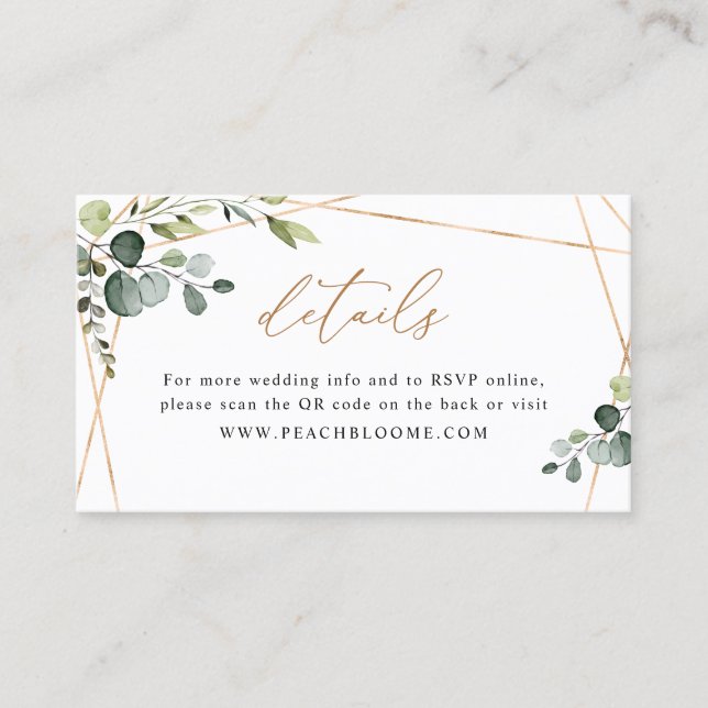 QR Code Greenery Gold Wedding Website Details Card (Front)