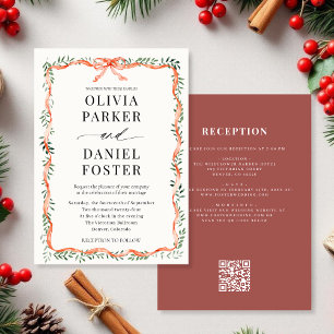 QR Code Greenery Red Ribbon & Bow Wedding Invitation