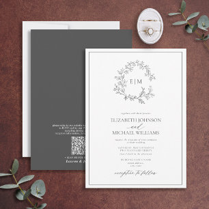 QR Code Grey Leafy Crest Monogram Wedding Invitation