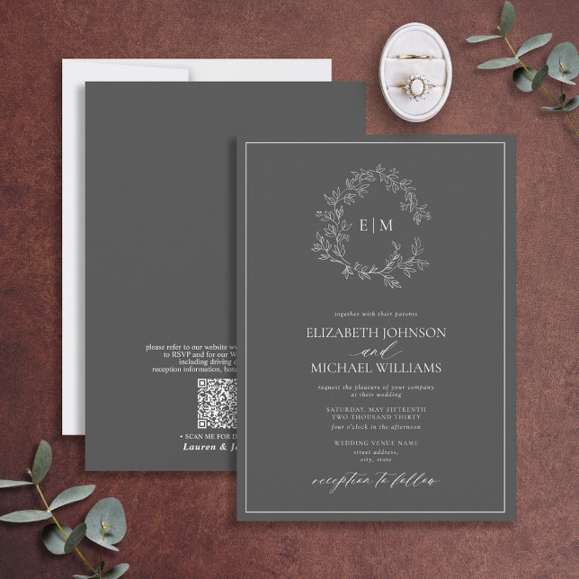 QR Code Grey Leafy Crest Monogram Wedding Invitation (Creator Uploaded)