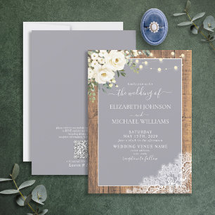 QR Code Grey Rustic Wood Lace Script Wedding Invitation