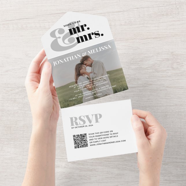 QR code | Grey White Overlay Photo Script Wedding All In One Invitation (Tearaway)