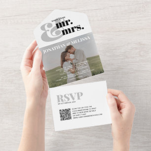 QR code   Grey White Overlay Photo Script Wedding All In One Invitation