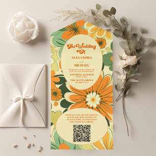 QR Code Groovy Boho Retro  Floral Wedding All In One Invitation