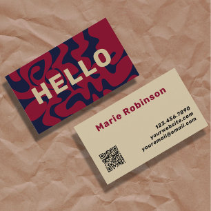 QR Code Groovy Burgundy Beige Navy Blue Squiggles Business Card