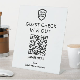 QR Code Guest Check In & Out   White Business Logo Pedestal Sign