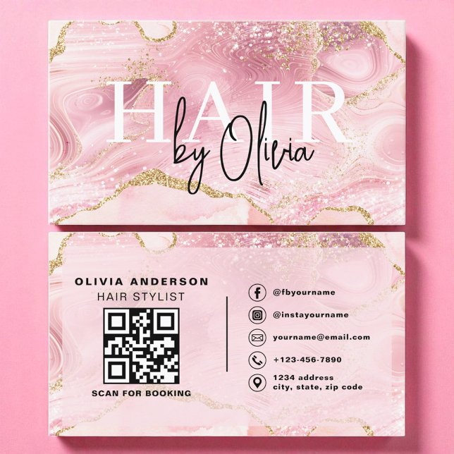 QR Code Hair Stylist Modern Agate Marble  Business Card (Creator Uploaded)