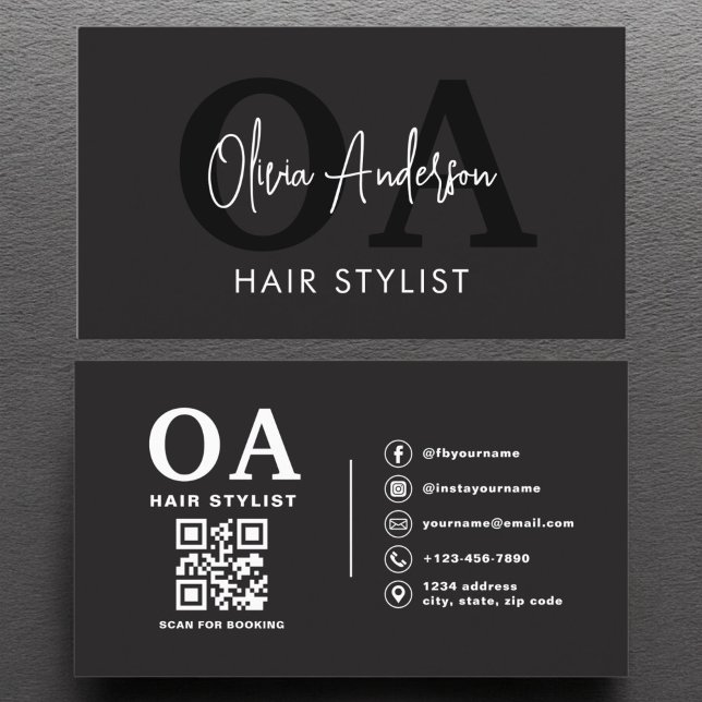 QR Code Hair Stylist Monogram Modern Typography  Business Card (Creator Uploaded)