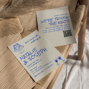 QR Code Hand Drawn Blue Cake Bows Unique Wedding  Invitation