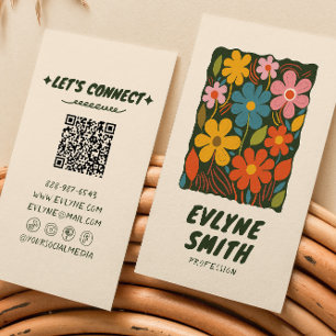 QR Code Hand Drawn Colourful Retro Funky Floral Business Card